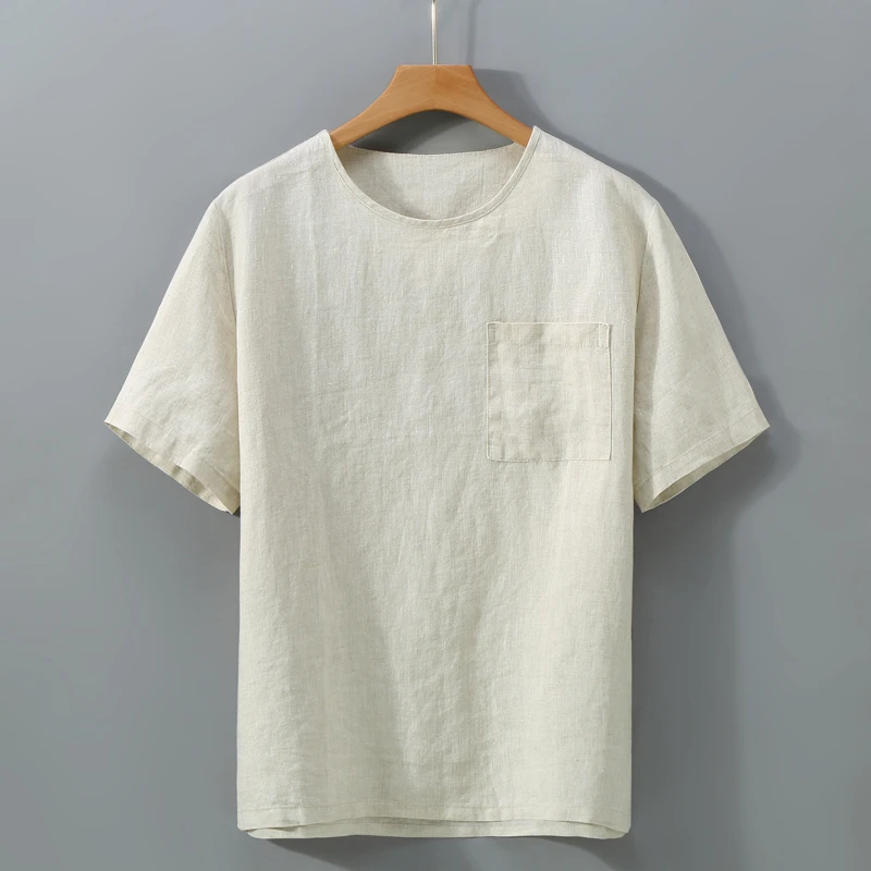 轻奢高级感色织布纯亚麻短袖白色T恤麻布男装全麻料新中式国风潮t