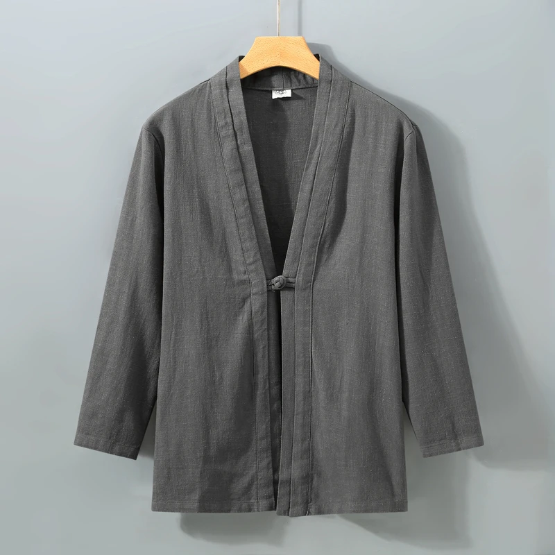 中国风亚麻无领衬衫外套麻布男装大码纯色棉麻布料衬衣开衫男装