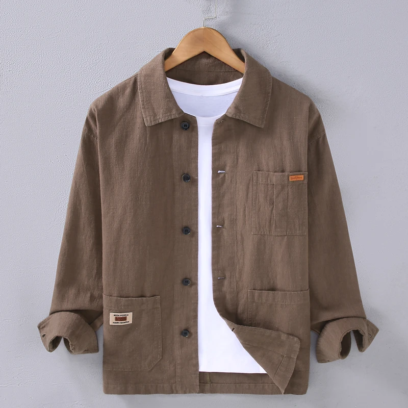 男士亚麻工装夹克外套麻布男装棉麻布料宽松休闲潮流百搭苎麻褂子
