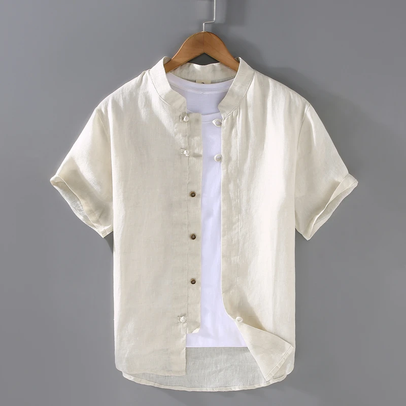 夏天复古透气男士纯亚麻短袖盘扣衬衫新中式国风全麻布料高端衬衣