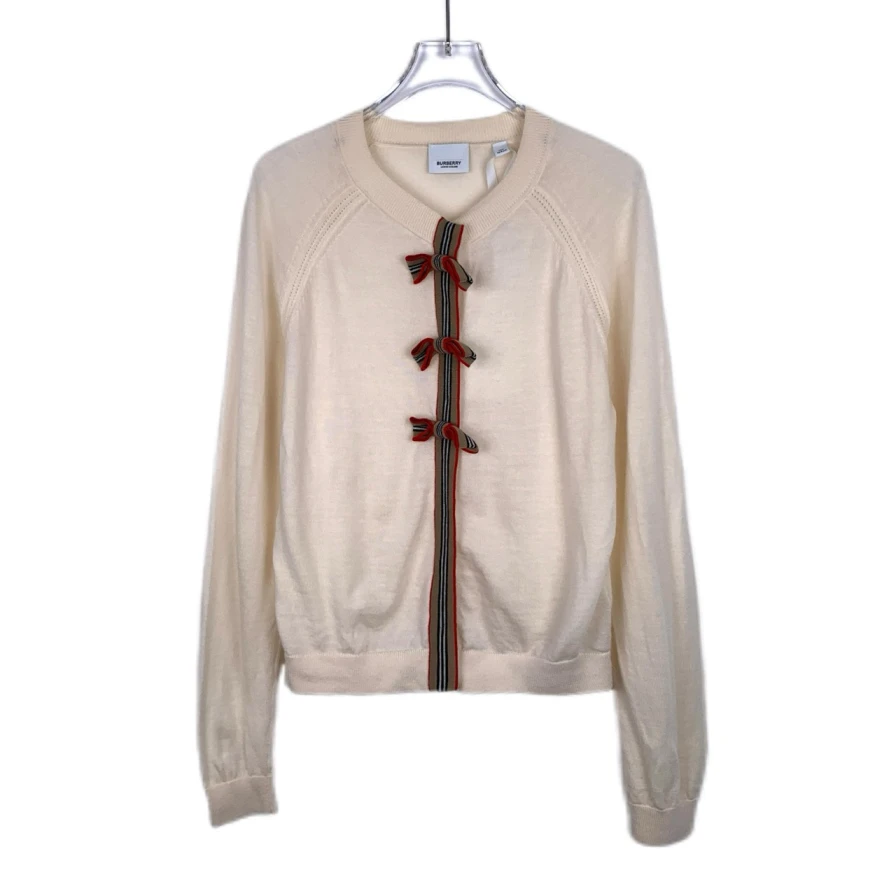 99新 BURBERRY/博柏利 蝴蝶结条纹米色羊毛长袖针织衫 14Y 012414