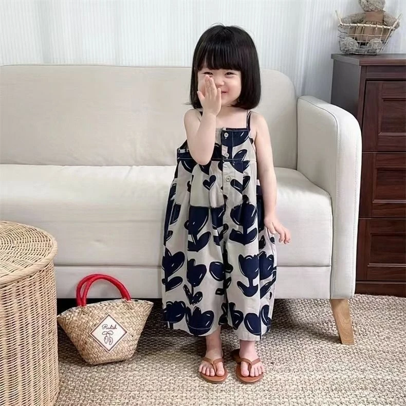 女童背带裤2025夏韩版女童宝宝吊带连体裤儿童连身衣阔腿7分裤子