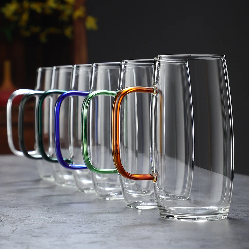 高颜值透明玻璃花茶杯彩色手柄高硼硅玻璃单层杯家用大容量喝水杯