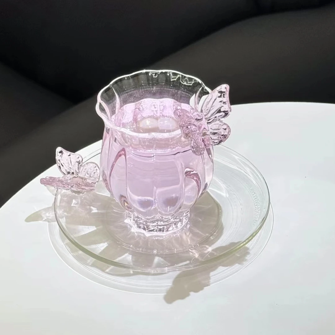 十载爱棠中式花神杯子收藏手作水仙蝴蝶杯带杯碟创意茶杯耐热玻璃