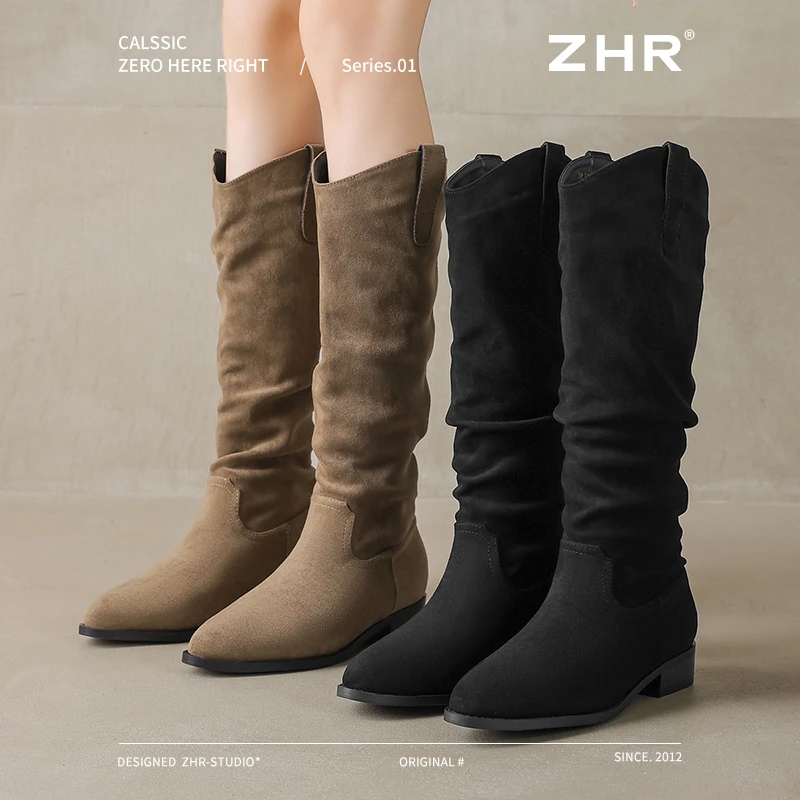 ZHR/则则复古V口堆堆中筒靴女2025秋冬新款粗跟尖头西部牛仔靴