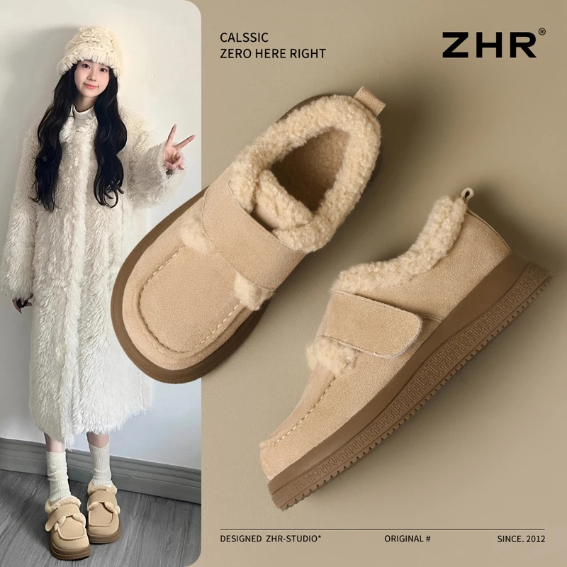 ZHR/则则加绒魔术贴乐福鞋女2025冬新款溢毛厚底雪地靴棉鞋勃肯鞋