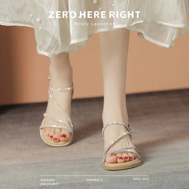 ZHR水钻平底凉鞋女夏季2025新款一字带低跟绝美外穿仙女风配裙子