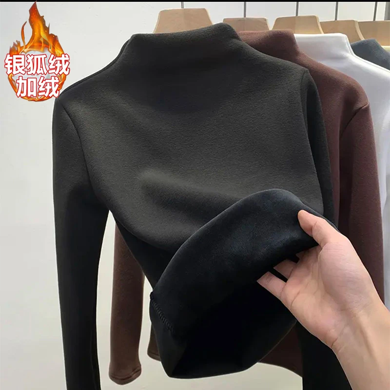 半高领一体绒加绒加厚打底衫女学生秋冬内搭上衣长袖T恤少女冬装
