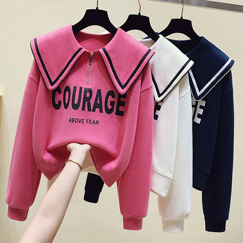 少女学院海军风卫衣春秋装2024新款女孩洋气娃娃领短款半拉链上衣