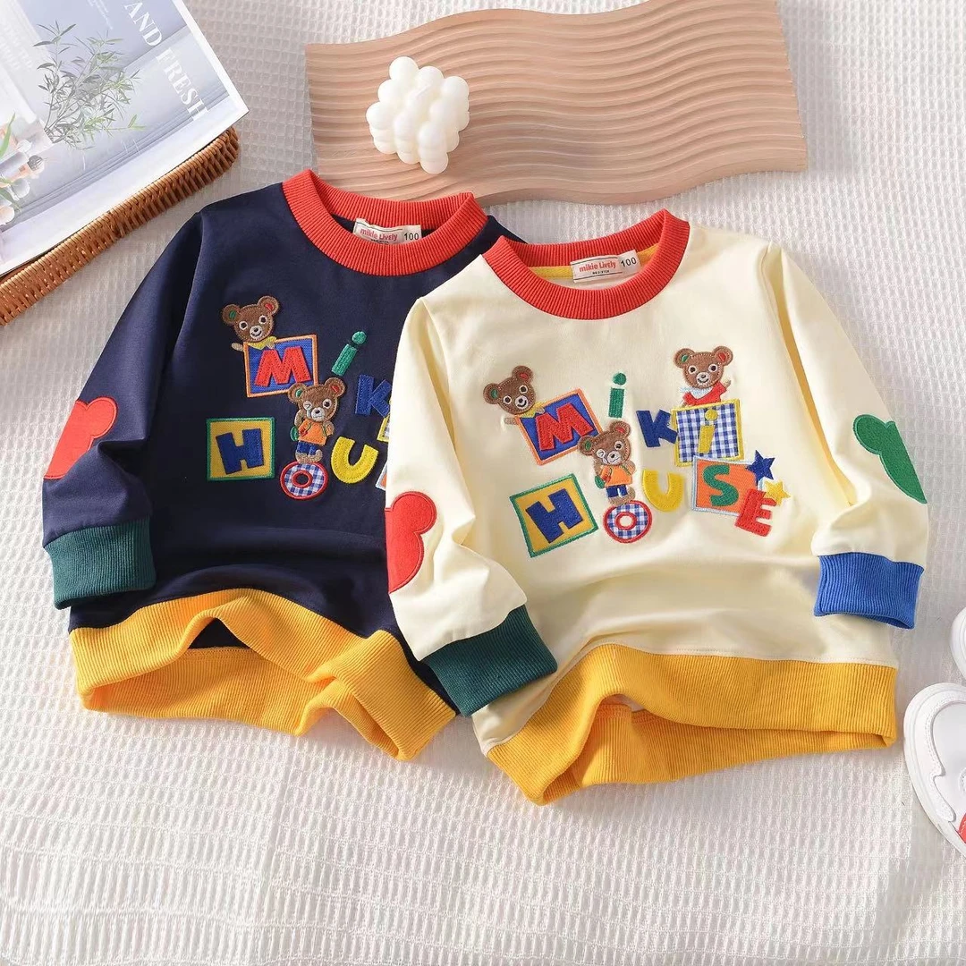 春秋款日系熊头刺绣小熊套头卫衣男女童圆领上衣不加绒36070