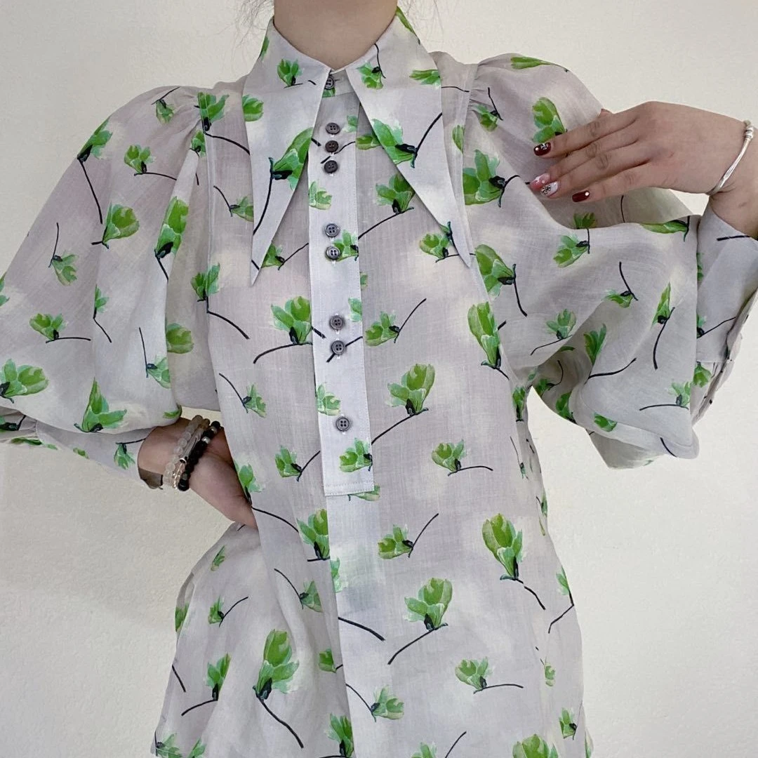 织女衬衫春夏百搭衬衫气质时尚印花长袖法式泡泡袖