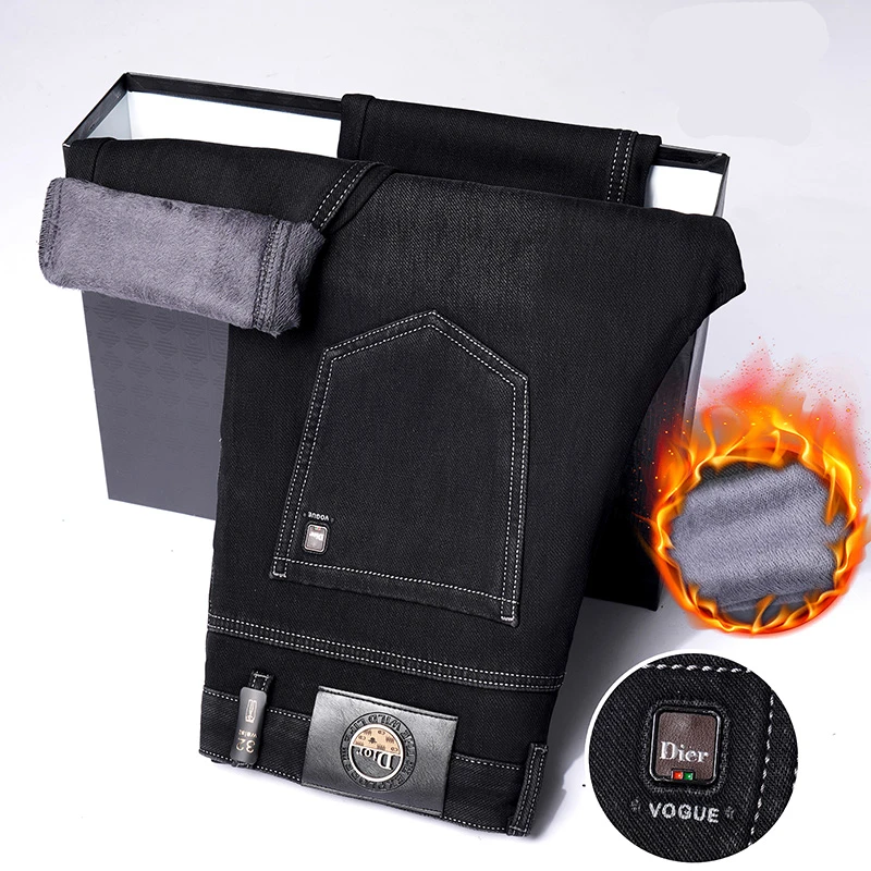 黑色加厚加绒牛仔裤男冬季保暖裤直筒中高腰宽松休闲裤男士长裤子