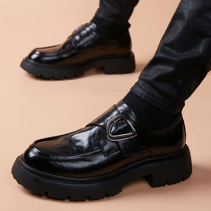 休闲皮鞋男2025冬季新款搭扣孟克鞋英伦风高档正装真皮厚底男鞋子