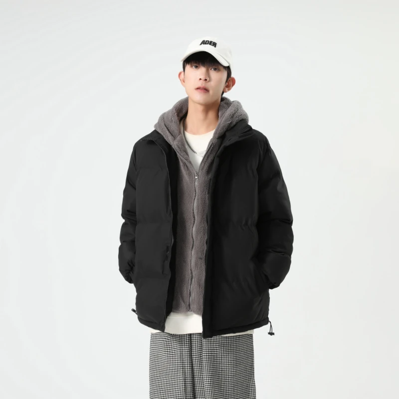 冬季新款连帽假两件加厚棉服男士休闲百搭外套宽松防寒保暖棉衣