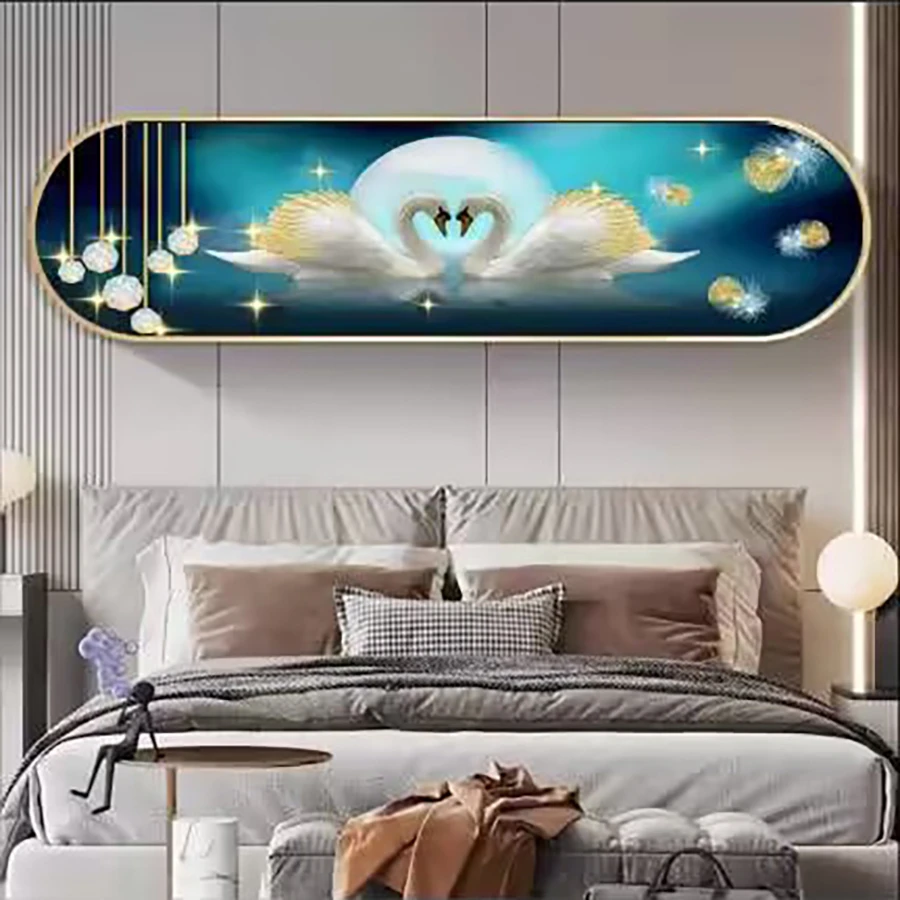 天鹅椭圆床头画羽毛简约卧室背景墙装饰画