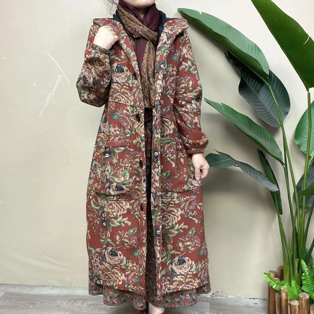 秋冬棉麻印花加绒长款欧版外套