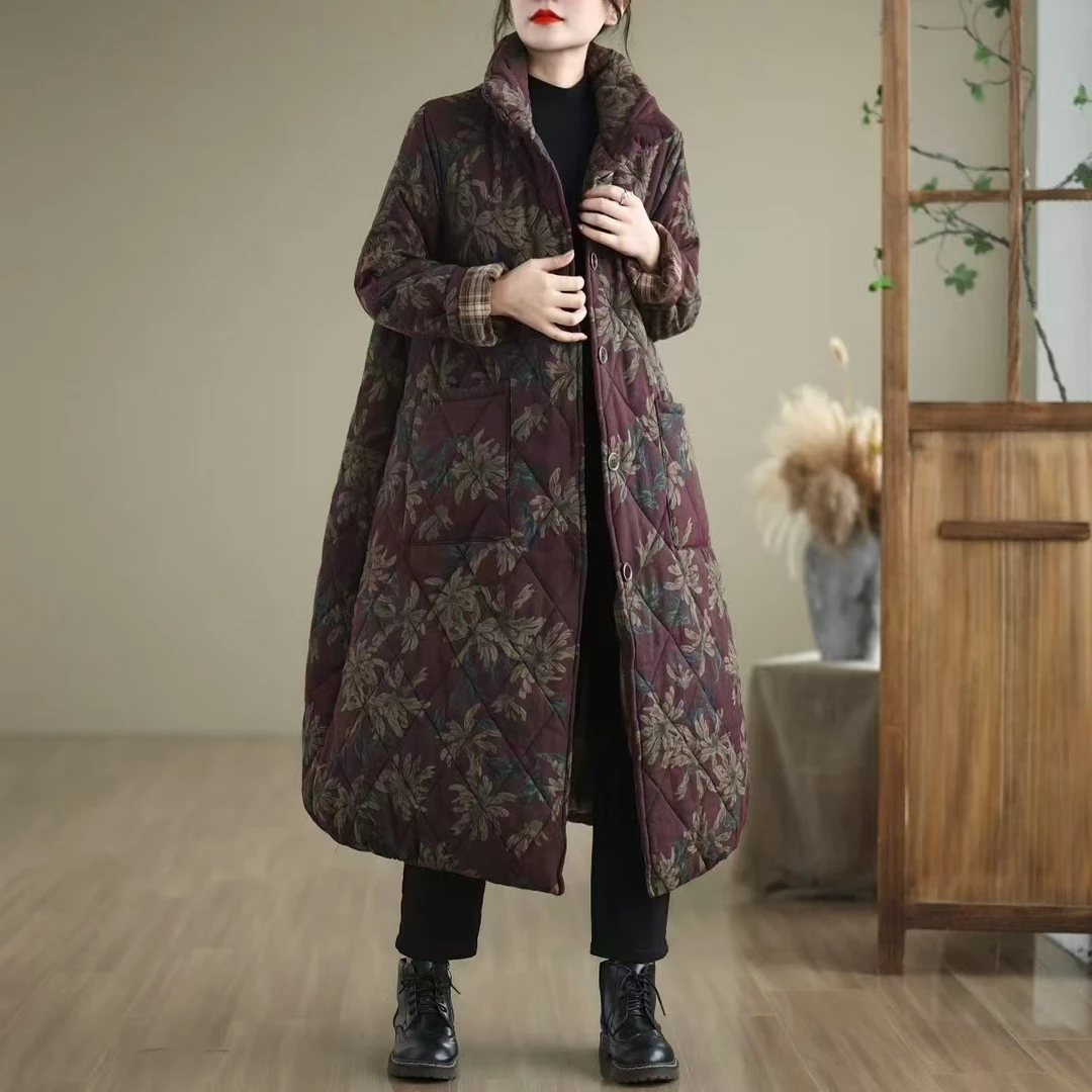 （(傲嫙))秋冬新品亚麻欧韩版加棉加厚中长款大棉袄