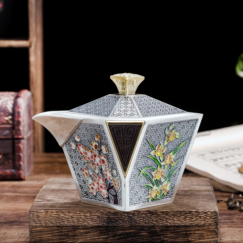 999足银景泰蓝梅兰竹菊珐琅彩银壶异性创意茶具中式家用收藏银礼