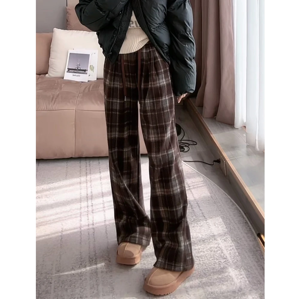 冬季新款休闲格子阔腿裤百搭松紧腰加绒加厚直筒裤显瘦长裤女裤子