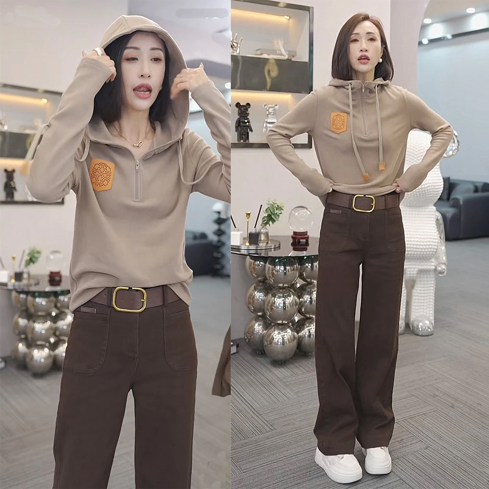 秋冬款高级感连帽加厚T恤+高腰加绒牛仔裤直筒裤休闲裤时尚套装