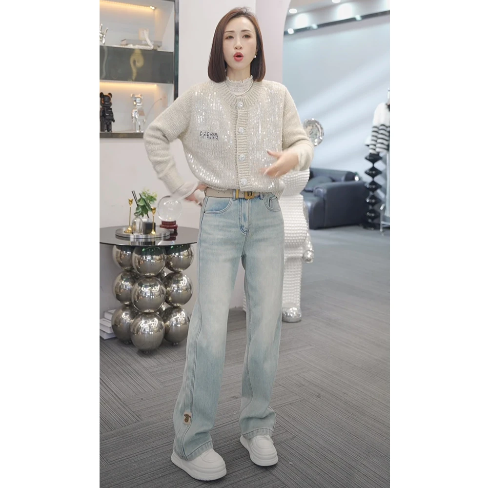 春秋新款女裤高腰牛仔裤直筒裤显瘦气质网红女装长裤窄版阔腿裤