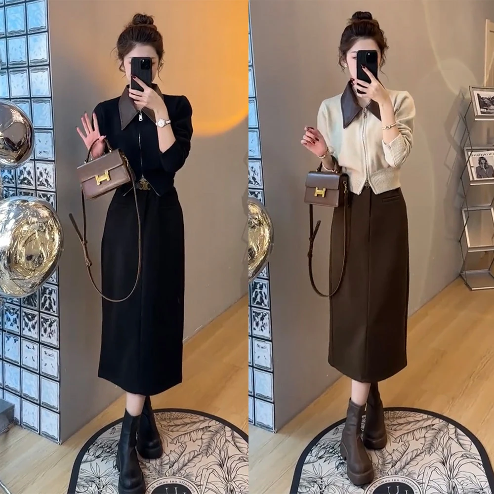 秋冬新款高级感设计中高腰显瘦毛呢后开叉长裙A字半身裙轻熟长裙