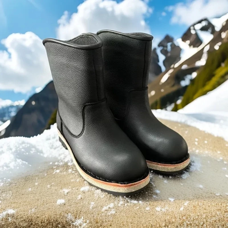 手工牛皮靴加厚抗寒保暖一脚蹬雪地靴毛毡大底固特异工艺户外靴