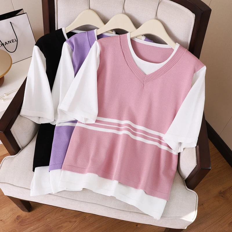 工厂直销9680#（90-200斤穿）大码女装假两件冰丝针织短袖时尚显瘦