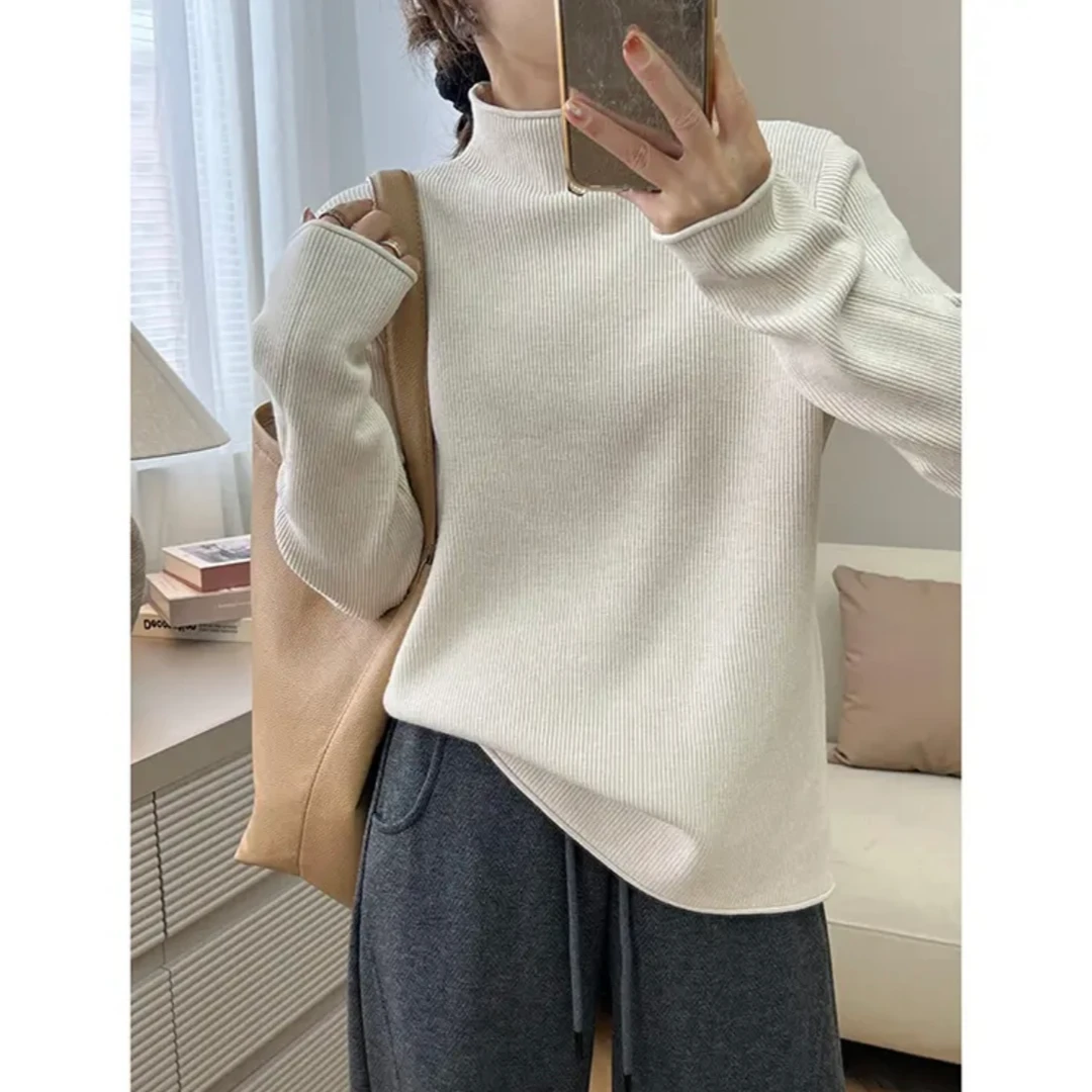 工厂直发6018(90-200斤穿)加厚保暖显瘦百搭卷边小半高领针织毛衣