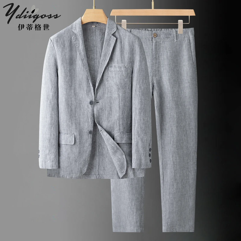 YDIIGOSS亚麻西服套装男士春秋季薄款棉麻料西装西裤商务休闲正装