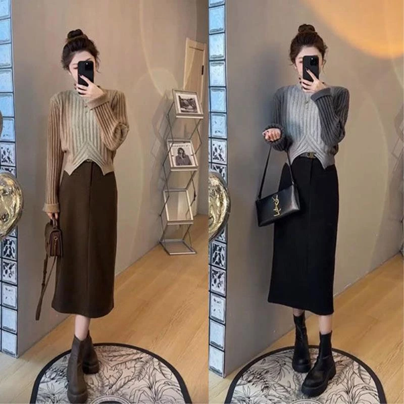 韩版小众渐变圆领拼色长袖百搭秋冬高腰毛衣+呢子半身裙套装裙子