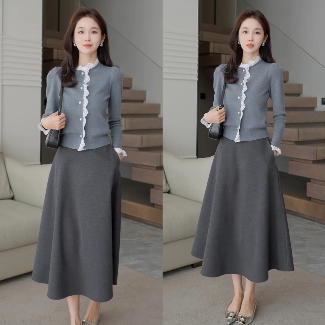 2024秋冬新款简约气质蕾丝毛织开衫女显瘦上衣+法式一片式大摆裙