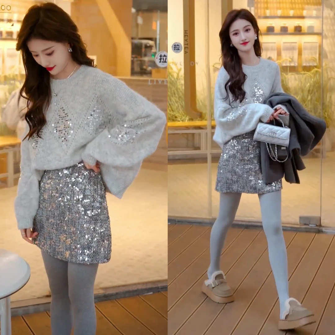 圆领拼接亮片套头针织衫+时尚纯色裤袜+百搭中高腰气质亮片半身裙
