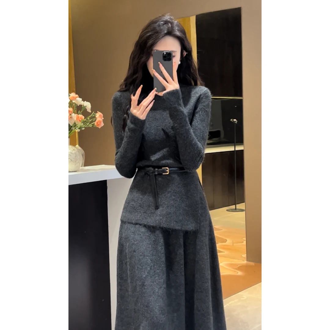 秋冬新款慵懒风休闲软糯毛衣气质针织衫复古半身裙时尚两件套装