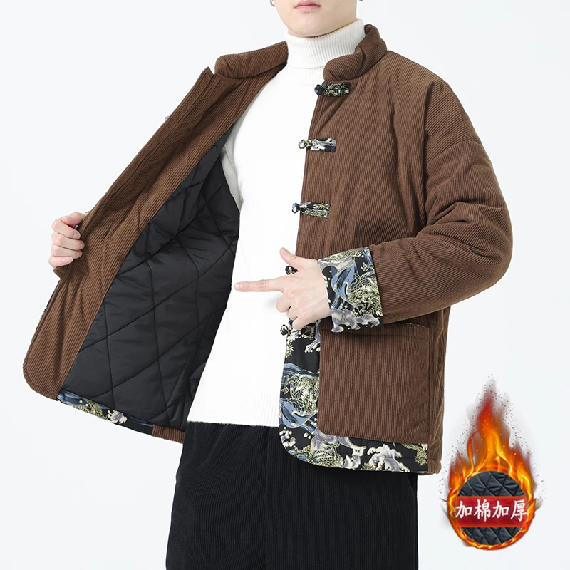 冬季中国风灯芯绒棉衣男装新中式青年唐装复古盘扣保暖棉服外套男