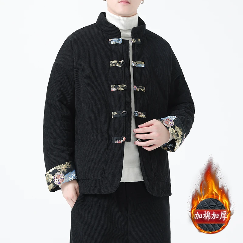 冬季中国风灯芯绒棉衣男中式复古青年唐装加厚保暖盘扣立领外套男