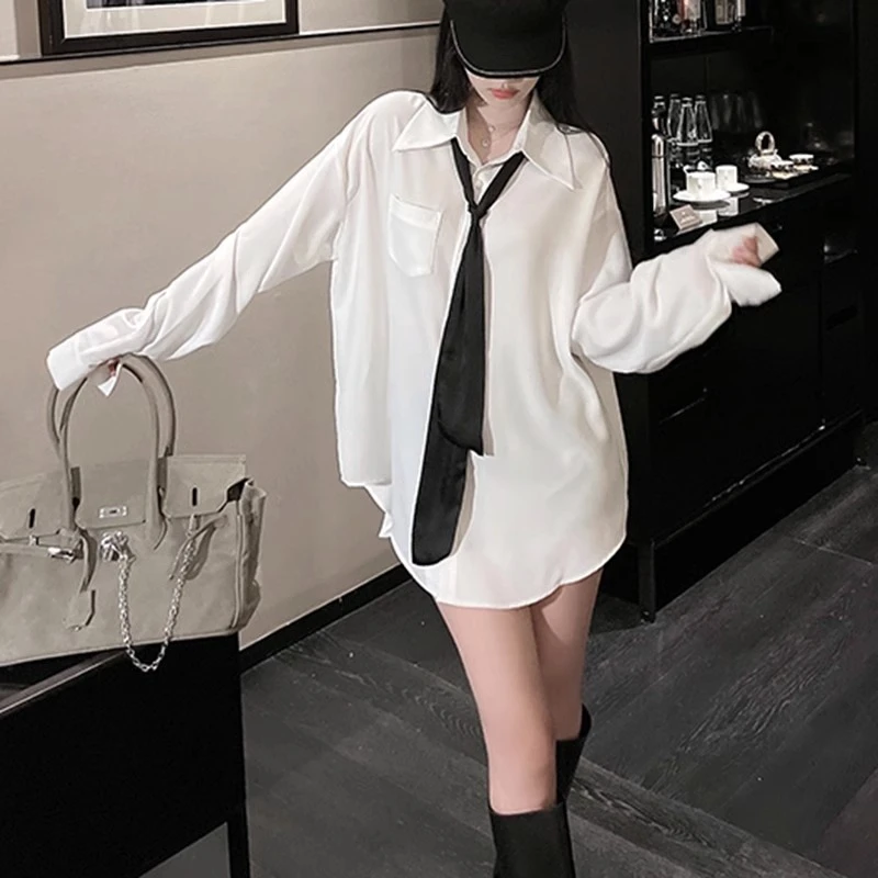 制服领带白衬衫女春秋中长款休闲宽松衬衣纯欲学院风气质垂感上衣