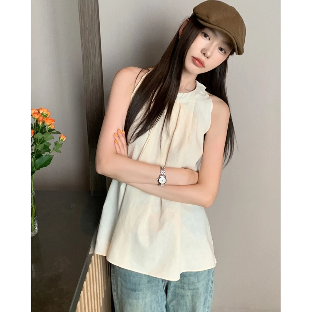 纯色挂脖无袖衬衫背心短袖女夏季新款韩系清爽宽松设计感小众上衣