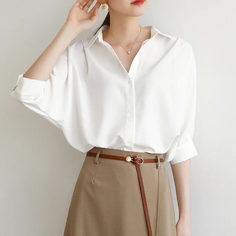 白色衬衣女夏季慵懒宽松通勤灯笼袖清凉轻奢韩版百搭抗皱中袖衬衫