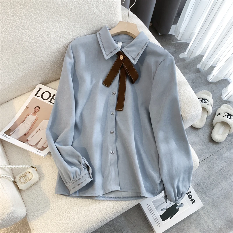 学院风长袖衬衫女秋冬新款韩版磨毛蝴蝶结衬衣内搭微厚杏色打底衫