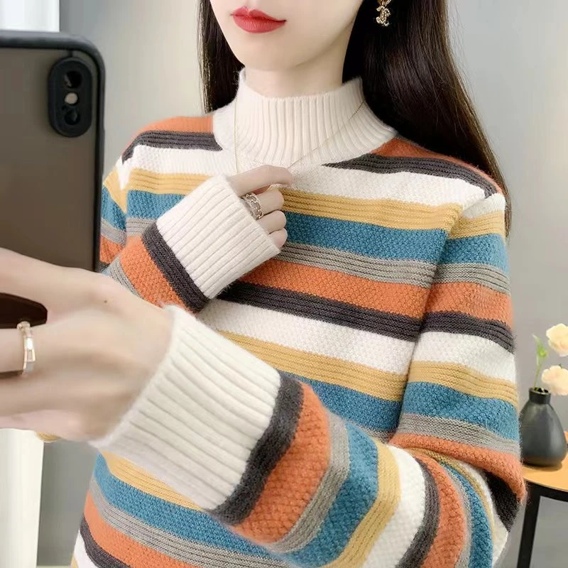半高领宽条纹韩版宽松上衣加厚拼色毛衣女装