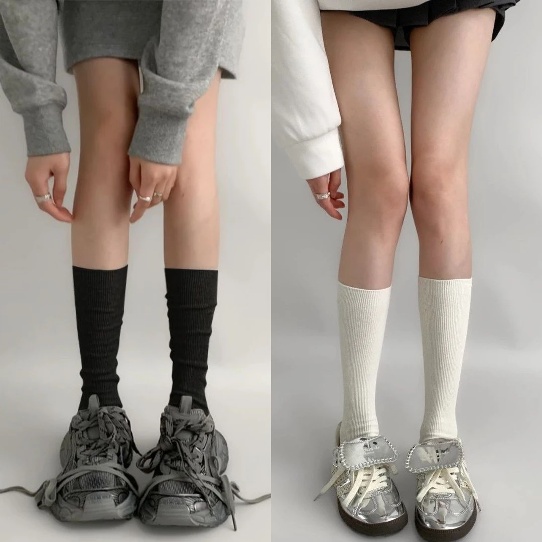 【3双装】日系竖纹细条薄款纯色小腿袜ins简约显瘦堆堆袜女百搭长袜