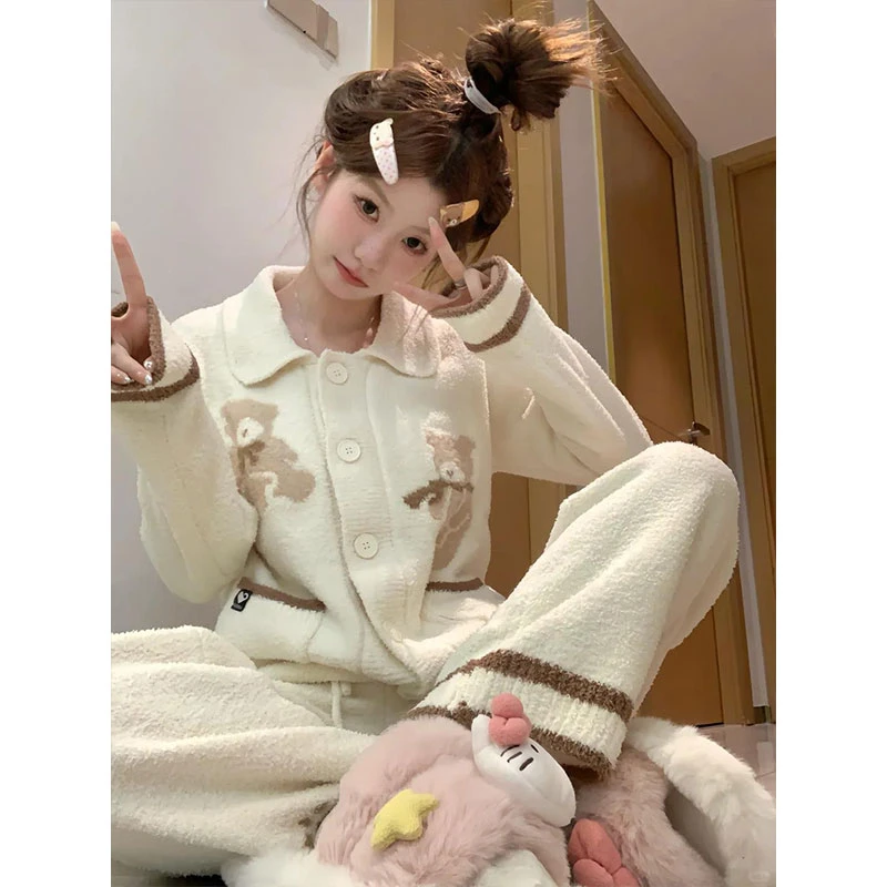 韩系卡通小熊半边绒睡衣女冬季新款甜美加绒加厚家居服套装大码冬