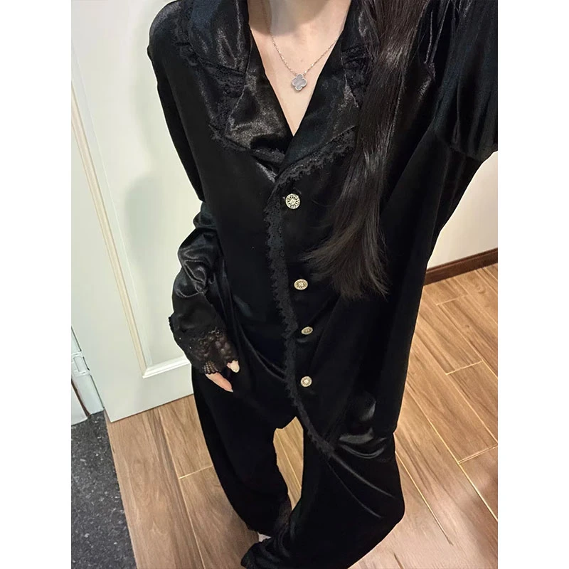 纯欲黑色蕾丝拼接金丝绒睡衣女冬季加厚新款可外穿家居服大码套装