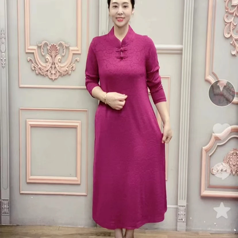GUQIYUN/古琦云春秋长袖复古提花气质纯色遮肉显瘦时尚盘扣连衣裙