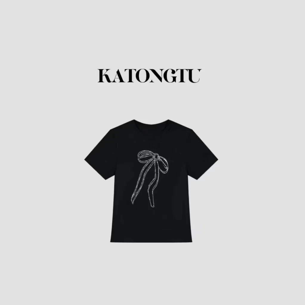 KATONGTU【黑丝带】修身高棉烫钻蝴蝶结时尚百搭短袖T恤   SF8780YN