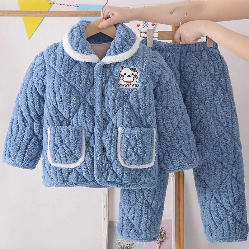 儿童珊瑚绒夹棉睡衣男孩女童外套开衫棉上衣休闲服夹棉居家服冬季