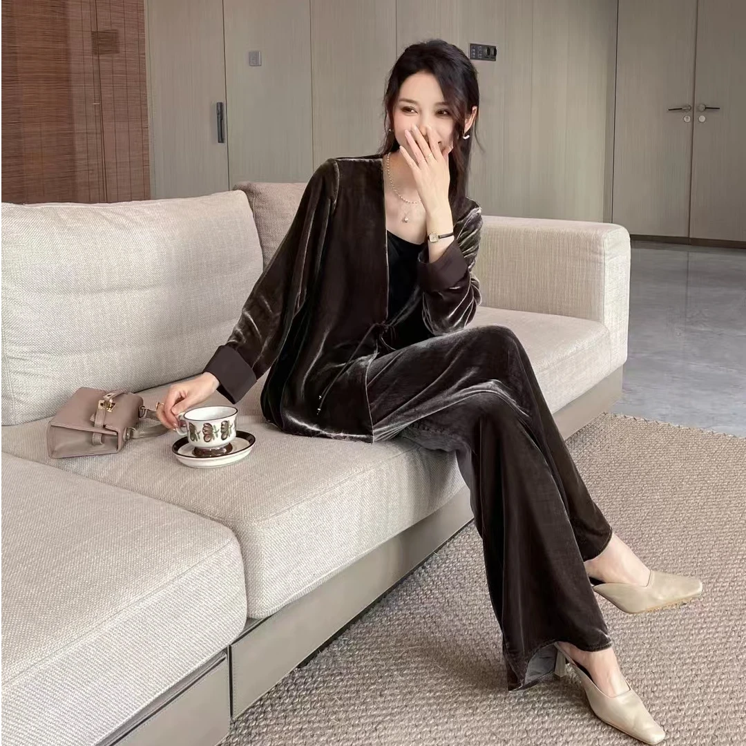 宽松设计师时尚轻奢桑蚕丝绒上衣&长裤中式