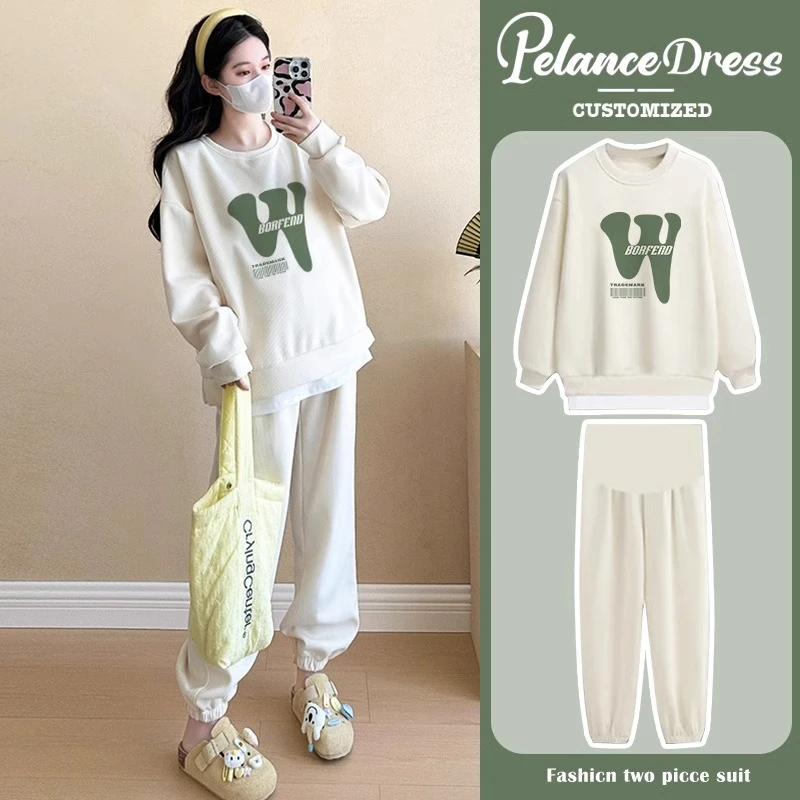 孕妇秋季套装2025新款时尚韩版假两件卫衣运动裤子产检一整套穿搭