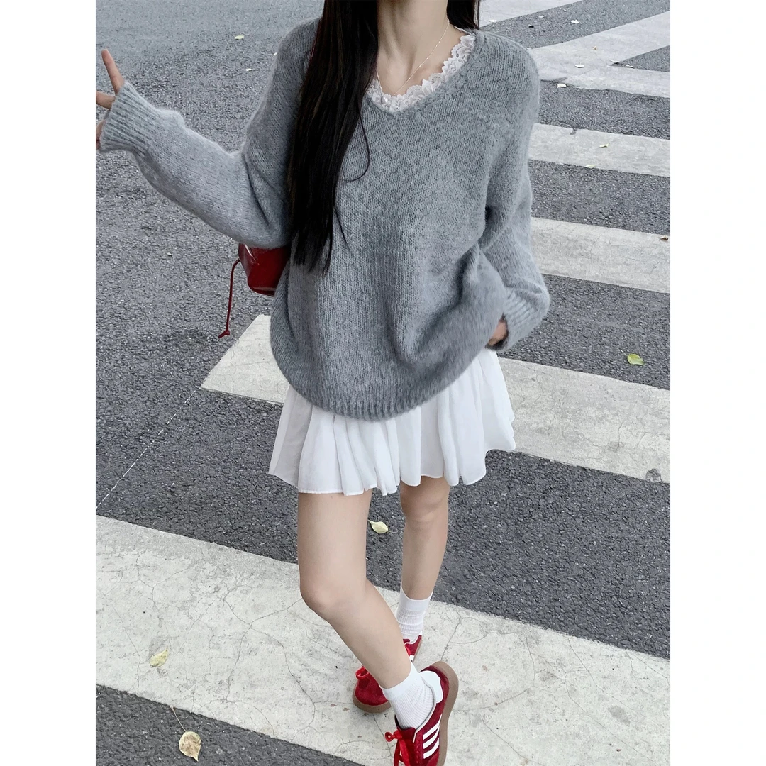 蕾丝拼接圆领毛衣休闲女装秋季灰色长袖套装针织衫慵懒风宽松上